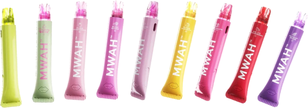 All nine Mwah disposable flavors in lip gloss packaging