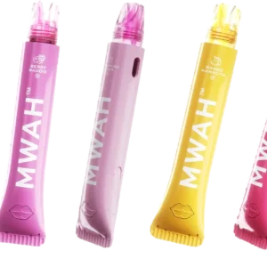 All nine Mwah disposable flavors in lip gloss packaging