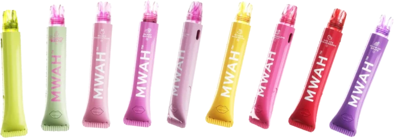 All nine Mwah disposable flavors in lip gloss packaging
